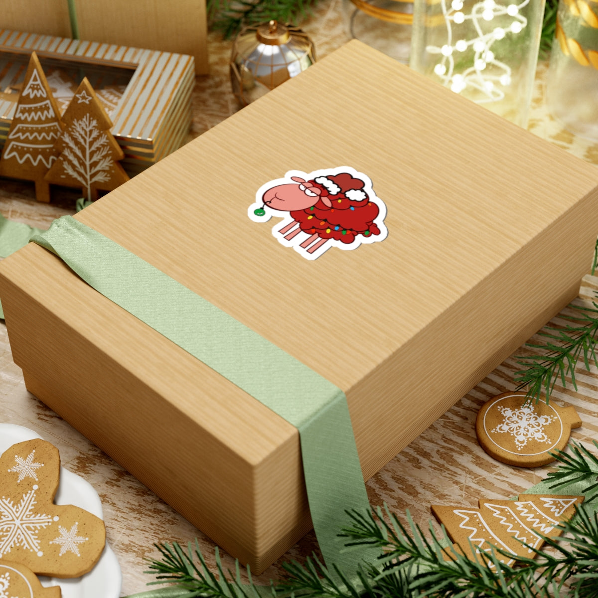 Cute Red Sheep Christmas Sticker — Holiday Lights & Santa Hat Kiss-Cut Sticker