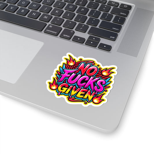 No Fucks Given Kiss-Cut Sticker — Bold Colorful Flame Graphic Laptop Decal