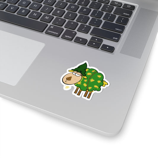 Green Leafy Sheep Sticker — Cute Laughing Sheep Kiss-Cut Sticker for Laptops & Water Bottles