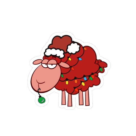 Cute Red Sheep Christmas Sticker — Holiday Lights & Santa Hat Kiss-Cut Sticker