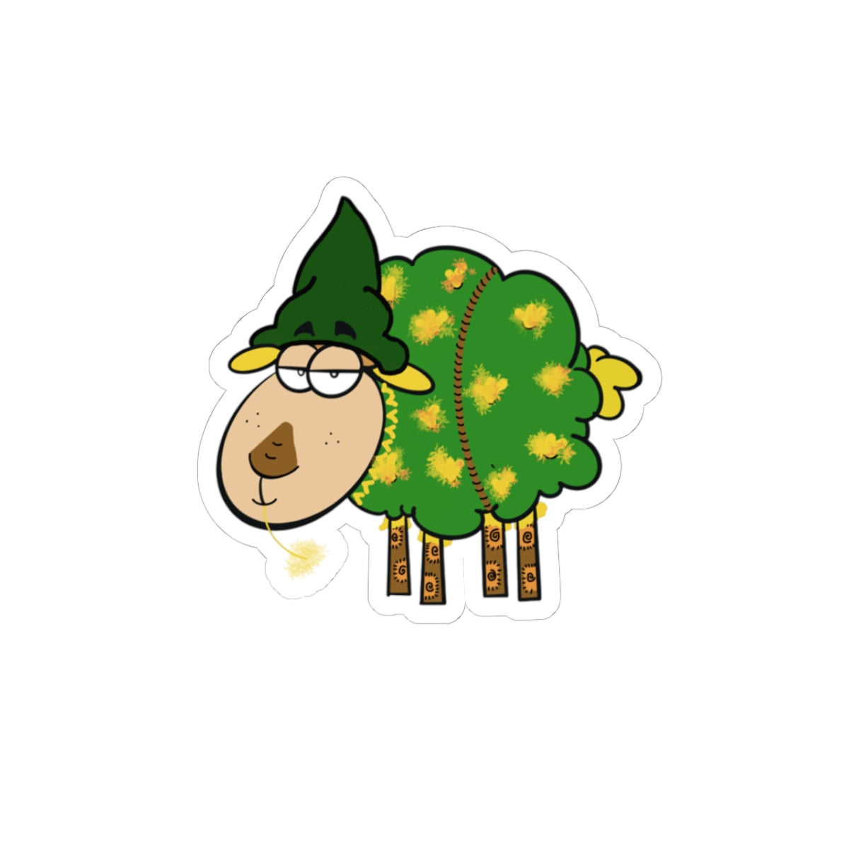 Green Leafy Sheep Sticker — Cute Laughing Sheep Kiss-Cut Sticker for Laptops & Water Bottles