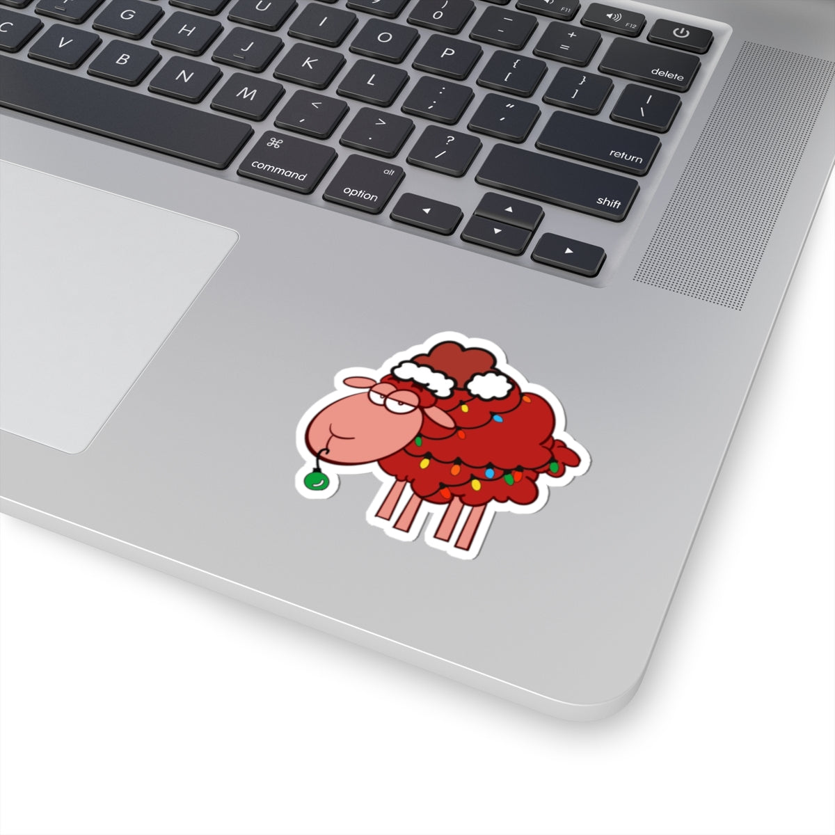 Cute Red Sheep Christmas Sticker — Holiday Lights & Santa Hat Kiss-Cut Sticker