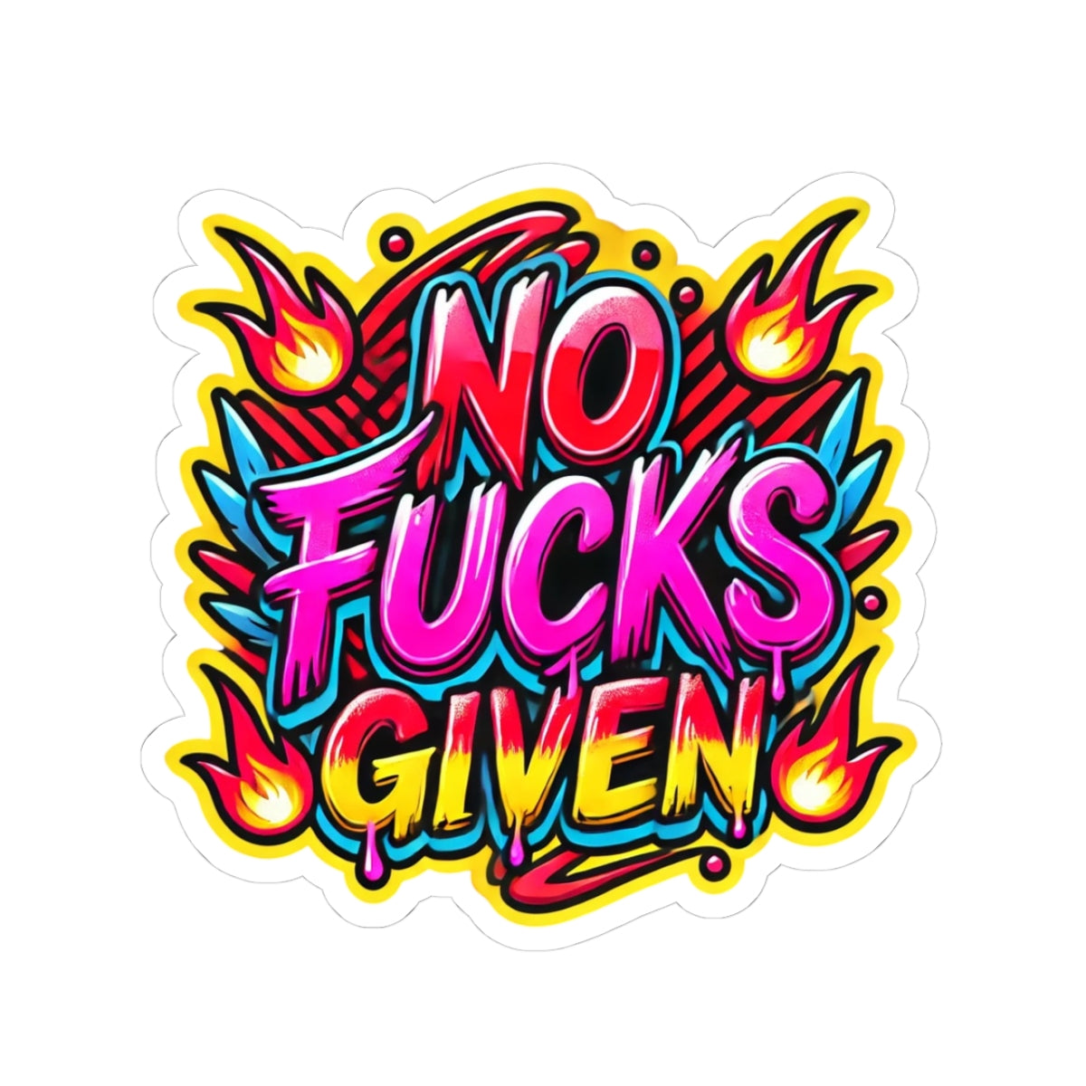 No Fucks Given Kiss-Cut Sticker — Bold Colorful Flame Graphic Laptop Decal