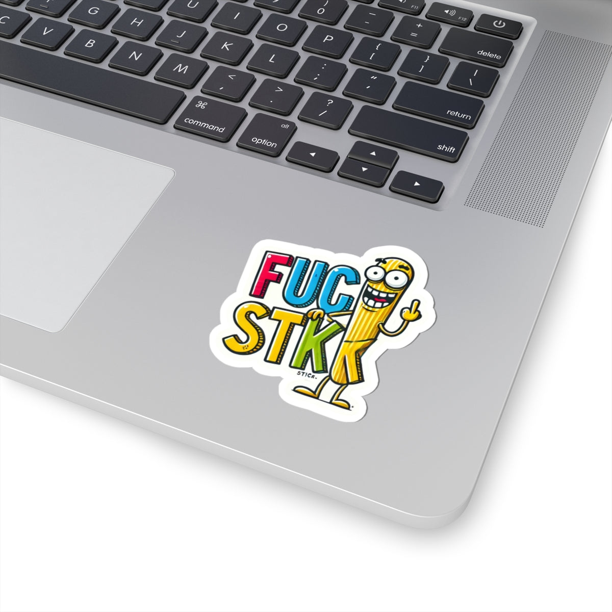 Kiss-Cut Sticker — Bold Cartoon Pasta Character with 'FUC STKK' Graphic (Funny Laptop Decal)